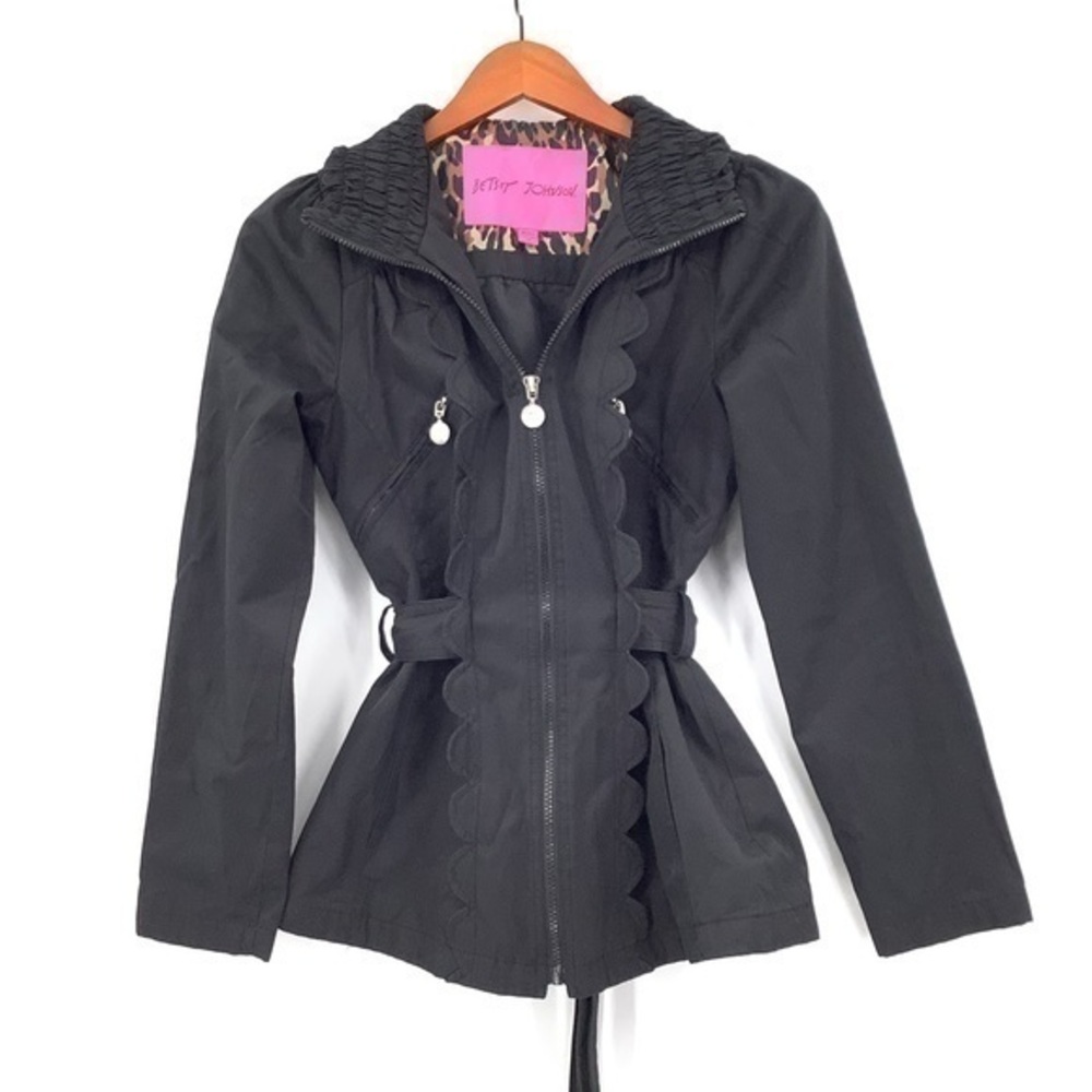 Betsey Johnson Jacket Raincoat Full Zip Smocked Neck Ruffle Front Tie Belt XS